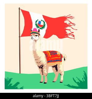Vector illustration of an Andean llama in traditional clothing in front of the Peruvian flag. Ideal for cultural, educational, or tourism content abou Stock Vector