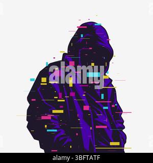 Stylized vector illustration of a hooded man in cyberpunk style with glitch effects and neon colors Stock Vector
