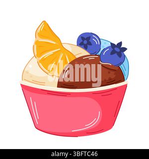 Colorful ice cream in bowl with vanilla, chocolate and blueberry scoop topped with orange fruit and berry in cartoon style. Perfect for cafe menu Stock Vector