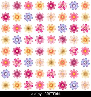 Creative background with 3D colorful flowers. Summer seamless graphic square pattern. Decorative floral texture. Daisies and camomile flowers. Cute bg Stock Vector
