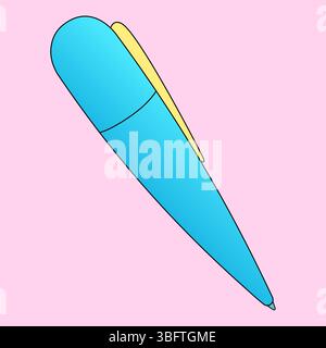 Blue ballpoint pen with yellow clip on pink background. Cartoon style school or office stationery illustration. For back to school concept, education Stock Vector