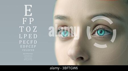 Futuristic eye scan technology demonstration featuring a model with vibrant blue irises in a sleek environment Stock Photo