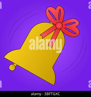 Flat cartoon vector illustration of an a golden school bell with red bow on purple background. Back to school celebration symbol. For education and ed Stock Vector