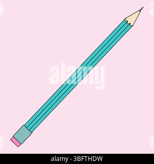 Cartoon illustration of classic sharpened turquoise pencil with pink eraser on pastel pink background. For back to school stationery concept, educatio Stock Vector