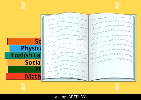 Vector illustration of a open notebook with handwritten text and stacked colorful school textbooks with inscriptions for lessons on school subjects on Stock Vector
