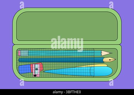 Illustration of pencil case with classic sharpened pencil, fountain pen, sharpener, and eraser on purple background. For back to school or office stat Stock Vector