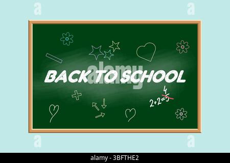 Back to school illustration with handwritten text and chalk doodles drawings on green chalkboard on a blue background. For education visual, education Stock Vector