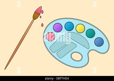 Paintbrush with dripping paint and artist palette with vibrant colors on beige background. For back to school stationery, school art supplies concept, Stock Vector
