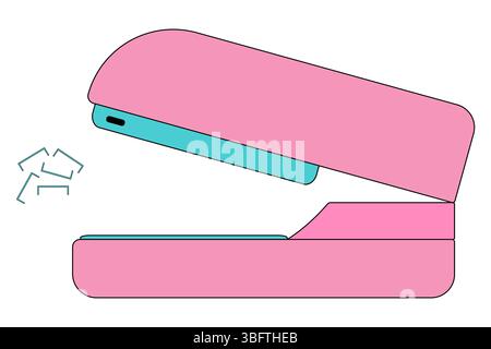 Pink and turquoise stapler with scattered staples on white background. Cartoon style school or office stationery. For back to school concept, educatio Stock Vector