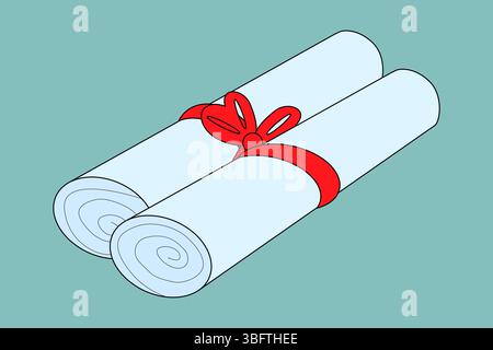 Illustration two rolled diplomas tied with red ribbon on teal background. Education and graduation concept. Back to school symbolism. For education en Stock Vector
