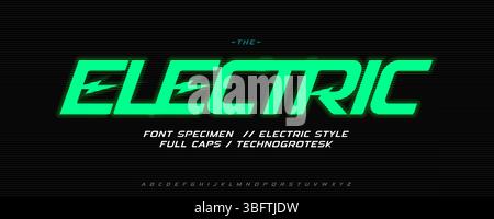 Electric energetic font, speed charged alphabet, dynamic slant typeface for EV brand, green energy logo and headline. Eco transport, charge station Stock Vector