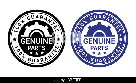 Set of two circular genuine parts badges with gear icon and 100% guarantee text, used for product authenticity and trust Stock Vector