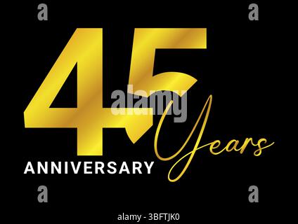 golden 45 years anniversary celebration text on black background with modern bold design Stock Vector