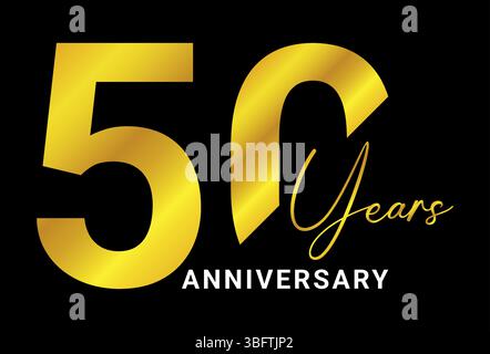 Elegant 50 years anniversary celebration design with golden text on black background, used for milestone branding Stock Vector