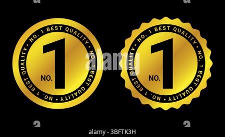 shiny gold number one best quality badges in round shapes with bold text on black background Stock Vector