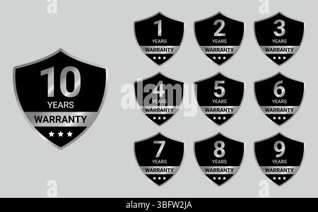 black silver warranty badges showing 1 to 10 years on shield icons with stars and text Stock Vector