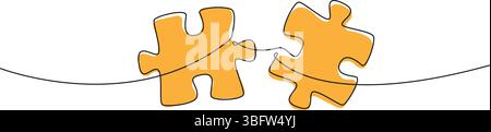 continuous single line drawing of two jigsaw puzzle pieces, line art vector illustration Stock Vector