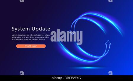 Update process. Install new software, operating system, update support. Web page with updating progress bar. Two glowing arows go round. Stock Vector