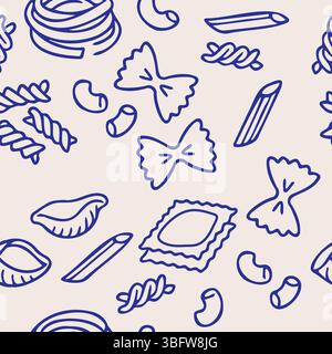 Seamless hand drawn pasta pattern featuring various noodle shapes like farfalle, penne, fusilli, ravioli, and shells in blue lines on a light Stock Vector