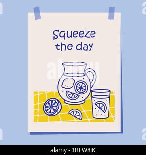 Cheerful hand drawn poster with a pitcher and glass of lemonade on a yellow checkered tablecloth and the phrase Squeeze the day. Perfect for summer Stock Vector