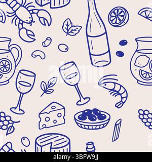 Seamless hand drawn pattern featuring wine bottles, glasses, seafood, cheese, olives, lemon slices, herbs, and grapes. Ideal for Mediterranean cuisine Stock Vector