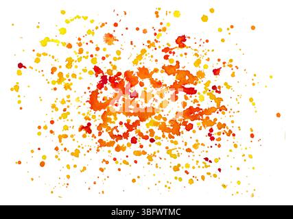 Irregular watercolor drops. Yellow, orange and red splashes of watercolor paints on white paper. Abstract background Stock Photo