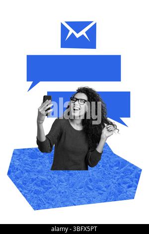 Composite image montage trend artwork 3D collage of portrait young lady hold smartphone smile comment dialogue bubble comic tag app Stock Photo