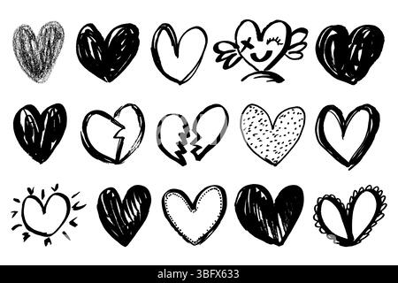 Grunge hearts icons. Scribble ink grunge different heart shapes. Doodle hearts icons set hand draw with markers. Love emblem in rough grungy style Stock Vector
