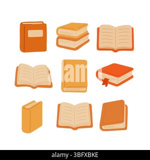 Nine stylized book icons in warm tones, perfect for educational, literary, or library themes. This vector illustration is ideal for digital and print Stock Vector