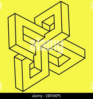 Impossible shapes. Optical illusion. Linear infinite object. Abstract eternal geometric figure. Impossible geometry sign outline, yellow background Stock Vector