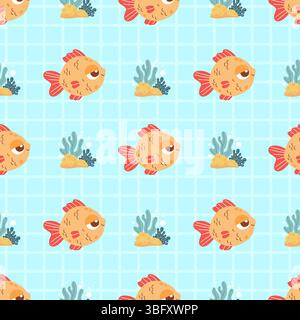 Seamless Sea Pattern. Cute tropical Cartoon small fish and Plant algae on checkered Light Blue Background. Vector Illustration. Kids collection Stock Vector