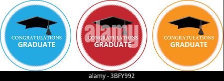 Graduation Badge Icon Set with Cap and Congratulations Text Stock Vector