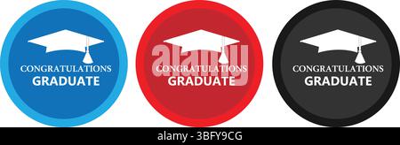 Graduation Badge Icon Set with Cap and Congratulations Text Stock Vector