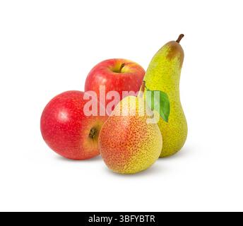 Two apples and two pears isolated. Green pear and red apple with leaf. Stock Photo