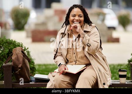 University teacher enjoys a cheerful moment outdoors, engaged in note taking while laughing. Stock Photo