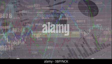 Image of graph and data processing over charts on interface screen Stock Photo