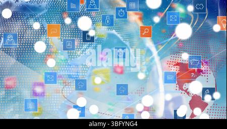 Image of globe, connections and tech icons over blue background Stock Photo