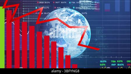 Image of graphs, globe and financial data over navy digital space Stock Photo