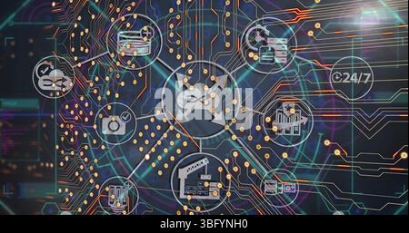 Image of integrated circuit and tech icons over lines on black background Stock Photo