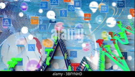 Image of globe, graphs and tech icons over blue background Stock Photo