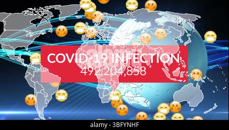 Image of covid data processing over multiple sick emojis with face masks Stock Photo