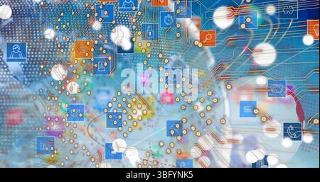 Image of integrated circuit over tech icons, globe and blue background Stock Photo