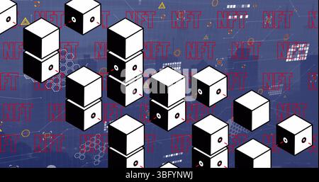 Image of cubes and nft over blurred cityscape Stock Photo