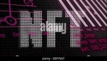 Image of financial graphs, data and nft over black background Stock Photo
