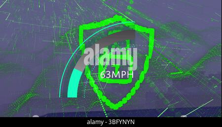Image of speedometer and digital padlock over cityscape Stock Photo