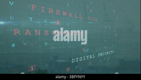 Image of online security warning text over cityscape Stock Photo