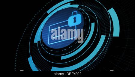 Image of card and digital padlock in processing circle on black background Stock Photo