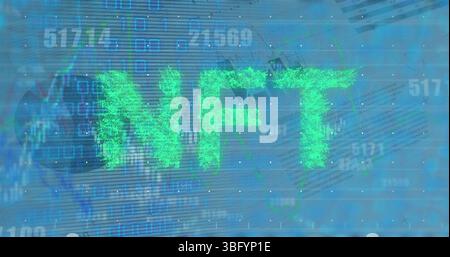 Image of nft text and binary coding over statistics Stock Photo