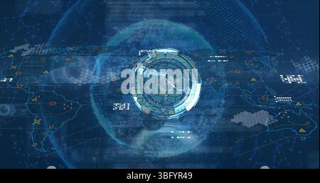 Image of globe, world map, clock and icons over navy background Stock Photo
