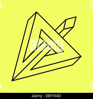 Optical illusion arrow, impossible geometric figure, sacred geometry, black lines on a yellow background, op art  Stock Vector